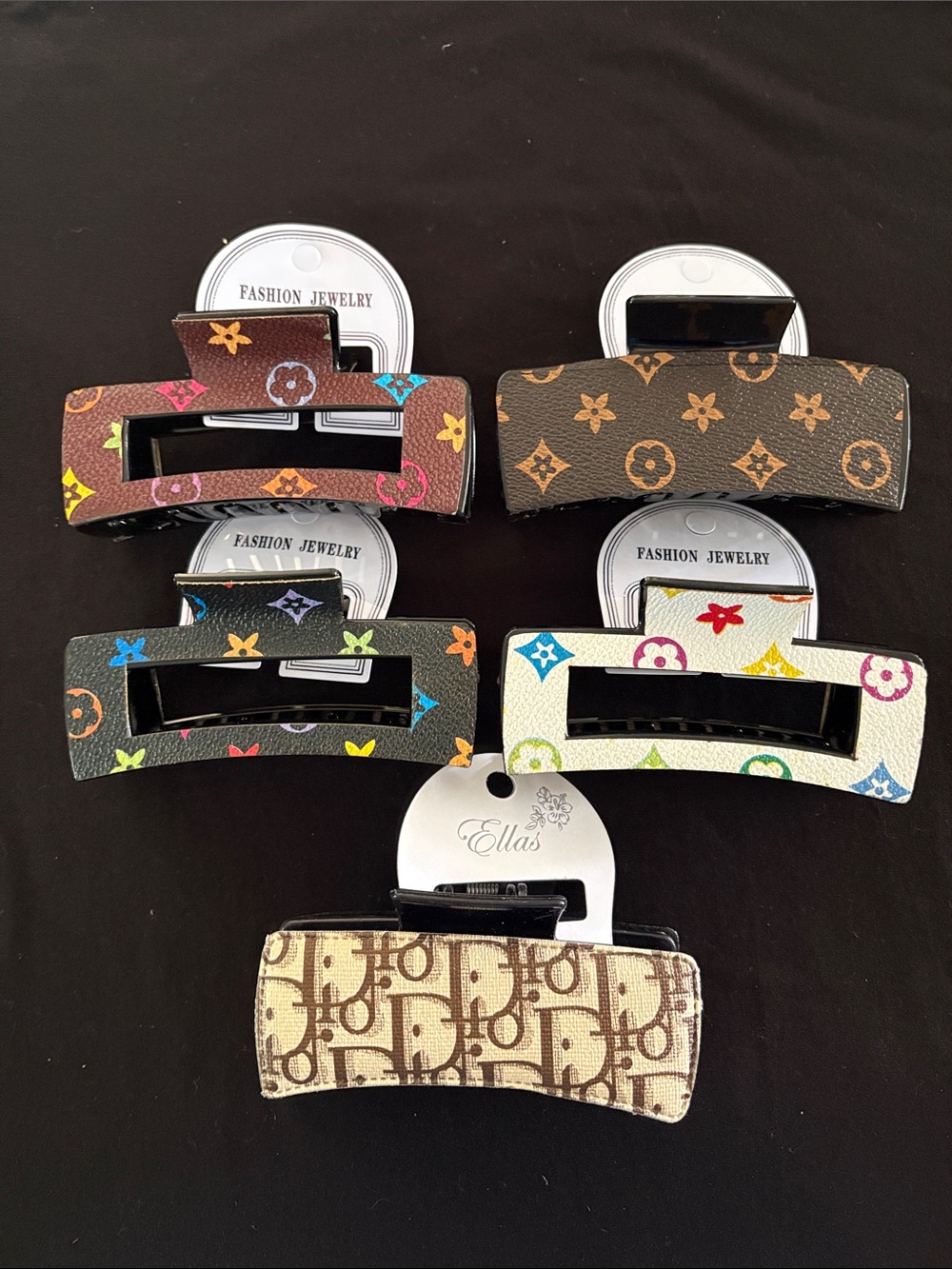 Fashion Monogram Print Multicolor and Brown Patterned Hair Claw Clips - Set of 5